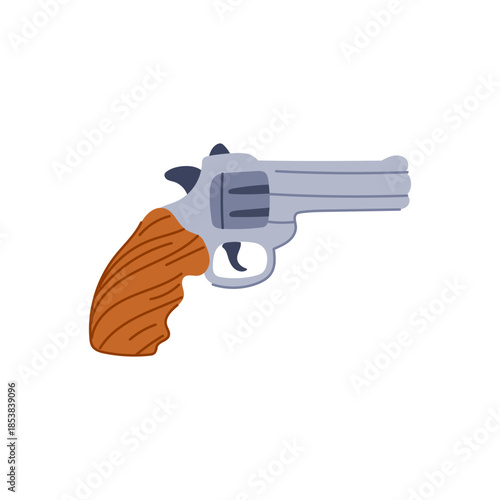 Revolver handgun with a brown handle and gray metallic body, a flat vector illustration, symbolizing concepts of danger, security, crime, law, and justice