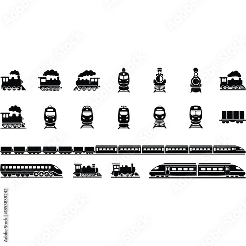 Freight train with locomotive icon, passenger train icons set