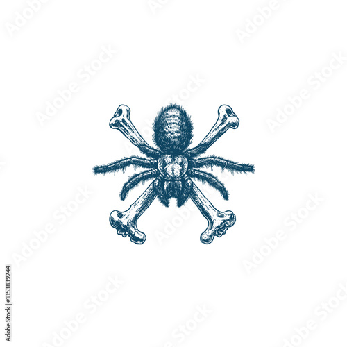 A dark gothic vintage hand-drawn engraving of a large spider positioned over two crossed human bones, set against a solid black background in a detailed macabre style.
