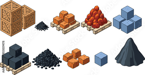Industrial raw materials and building resources isometric collection featuring crates, coal, bricks, concrete blocks and stone piles in detailed vector illustration