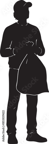 Silhouette of a man in a cap holding a large bag isolated on white background.