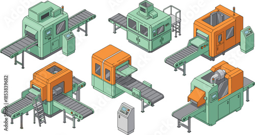 Isometric industrial factory machines collection featuring automated conveyor systems, manufacturing equipment and production line technology illustrated in modern vector style