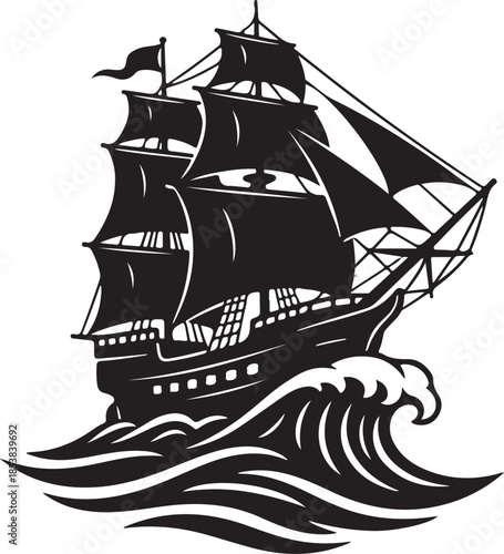 Black silhouette of vintage sailing ship on ocean waves vector logo