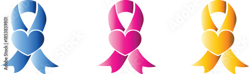 Colorful awareness ribbons with heart shapes for medical and health charity