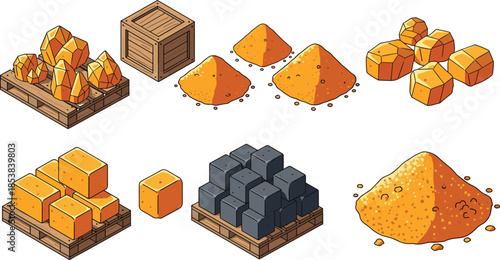 Isometric mining and construction materials collection featuring gold ore, sand piles, stone blocks and wooden crates illustrated in detailed vector style