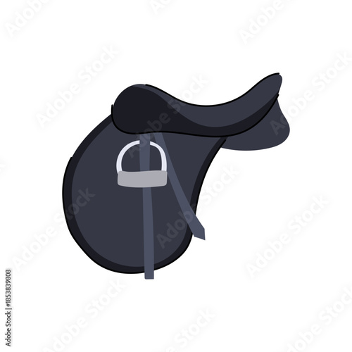 Minimalist equestrian saddle illustration showcasing classic riding equipment for horse training, show jumping, dressage and racing, simple black outline on white background