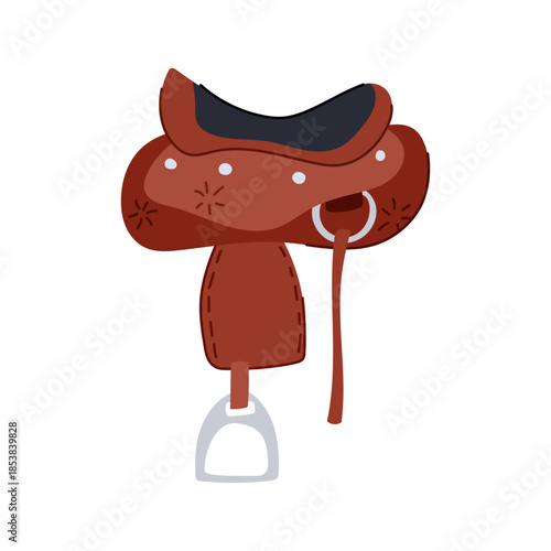 Brown leather saddle with a black seat and silver stirrup, representing equipment used for horseback riding, equestrian sports, and western adventures