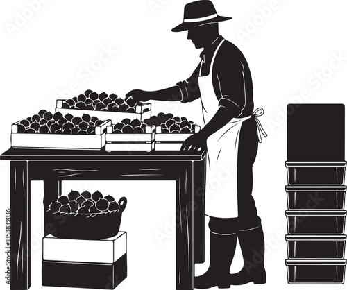 Black and White Silhouette of Farmer Selling Produce at Market Stall Illustration