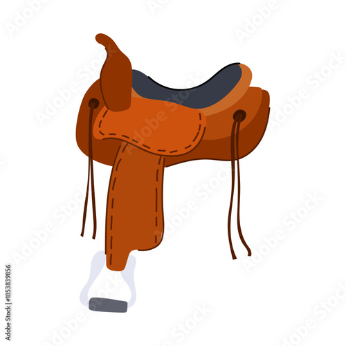 Brown leather western saddle with a stirrup illustrating essential equipment for horse riding, equestrian sports, cowboy culture, and ranching activities against a clean white background