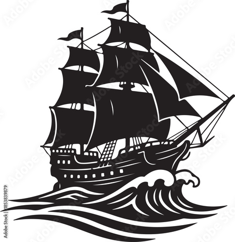 Black Silhouette of Tall Sailing Ship on Ocean Waves Vector Graphic