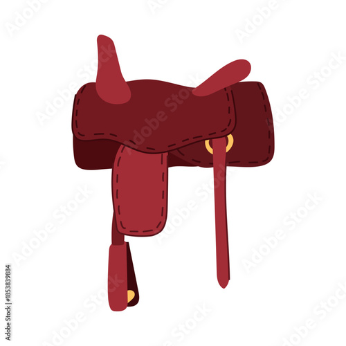 Red brown western saddle with stitched detailing and brass rings, classic equestrian riding gear for ranching, horsemanship and cowboy lifestyle, isolated on white background
