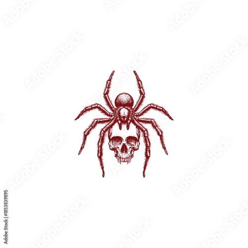 A dark gothic hand-drawn engraving of a large, detailed spider perched on top of a human skull, depicted in a classic macabre style with intricate line work on a white background.