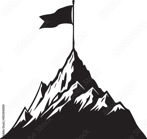 Achievement Goal Concept: Flag on Top of the Mountain Silhouette