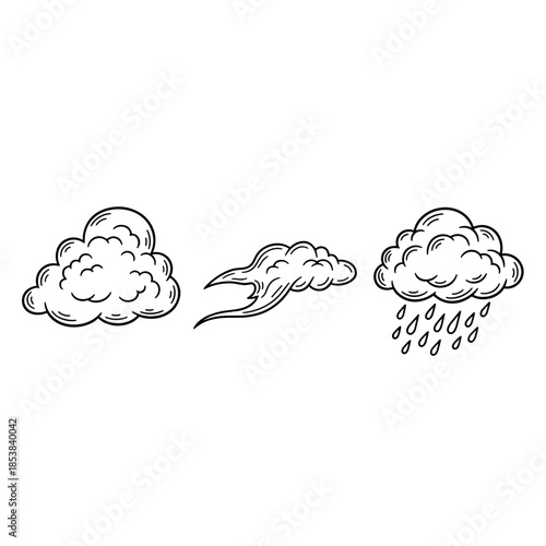 Various clouds in doodle style representing different weather conditions, from fluffy to windy and rainy. For weather forecast and sky element design.