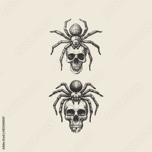 A dark gothic hand-drawn engraving of a large, detailed spider perched on top of a human skull, depicted in a classic macabre style with intricate line work on a white background.