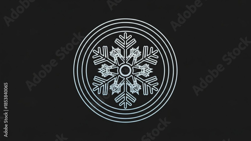 Intricate white snowflake design on black background, frosty circular pattern with glowing lines and teal accents, winter graphic element