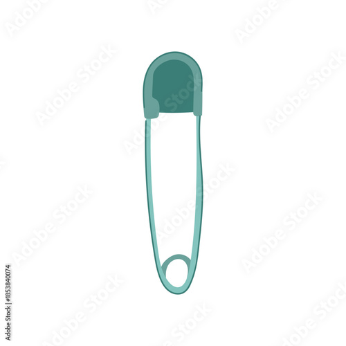 Closed safety pin with plastic head on white background, useful for securing baby clothing, diapers, garments, crafts and mending fabrics, simple, clean, minimal icon