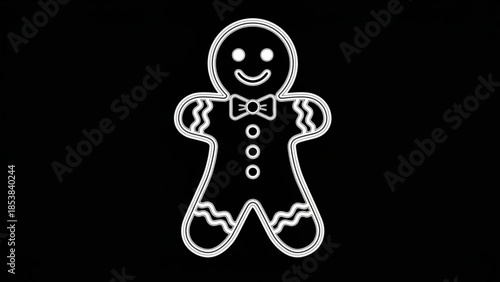 Smiling white outline of a traditional decorated gingerbread man on black background for christmas holiday baking and desserts