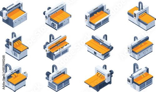 Isometric woodworking and industrial cutting machines collection featuring automated saws, planers and factory equipment illustrated in clean modern vector style