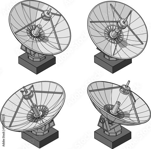 Satellite dish antenna illustration set showing different angles of parabolic communication receivers, ideal for technology, broadcasting, radar, and telecom design projects