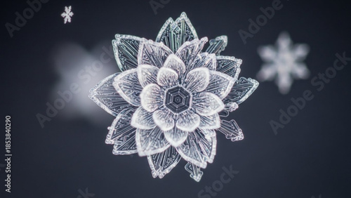 Delicate crystal snowflake with intricate patterns on dark background, frosty winter wonderland scene with blurred light and two smaller snowflakes