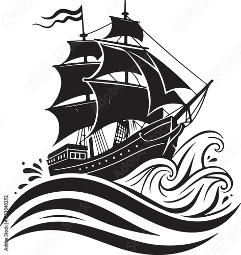 Galleon Ship Sailing on Ocean Waves Black and White Vector Drawing