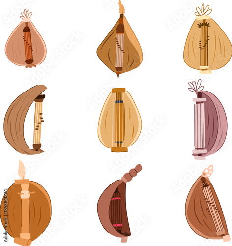 Hand drawn vector illustrations showing a variety of sasando string musical instruments, highlighting the unique shapes and designs of this traditional indonesian folk instrument