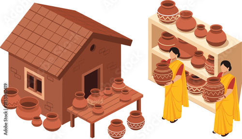 Traditional Pottery Market Scene with Clay Pots, Rural House, and Women in Sarees Showcasing Cultural Craftsmanship and Heritage