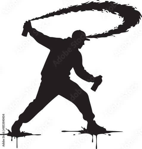 Graffiti Artist Silhouette Spraying Paint Can with Abstract Swirl