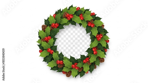 Christmas holly wreath with red berries and pine cones on white background for holiday decoration