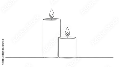 Two lit candles one large and one small with flames burning on top simple line art style peaceful ambiance
