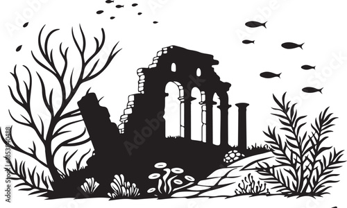 Underwater Roman Ruins Silhouette Illustration with Fish and Seaweed