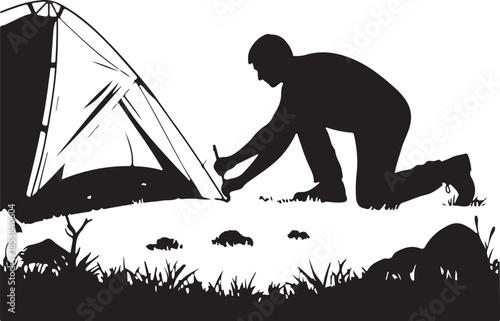Black Silhouette of Person Setting Up Tent, Camping Outdoor Activity Icon