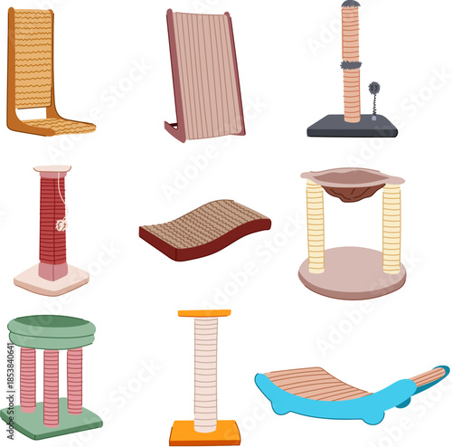 Collection of cat scratching posts and surfaces in various designs and shapes, offering pets a dedicated place for scratching, playing, and resting, promoting animal welfare