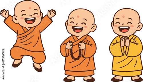 Cute little Buddhist monk cartoon vector illustration set. A collection of three happy novice monks in orange and yellow robes: one jumping with joy, one holding prayer beads, and one with hands joine