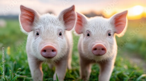 Two adorable piglets standing in a field of green grass at sunset.