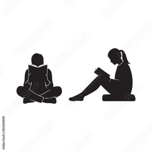People are reading books silhouette vector flat illustration on white background