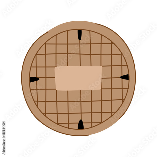 Graphic illustration depicting a manhole cover, featuring a grid pattern and an empty space for text, symbolizing access to urban infrastructure and underground systems