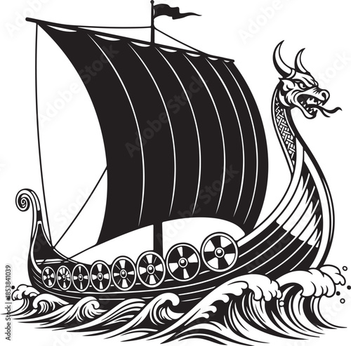 Viking Dragon Longship Sailing on Ocean Waves Black Silhouette Graphic
