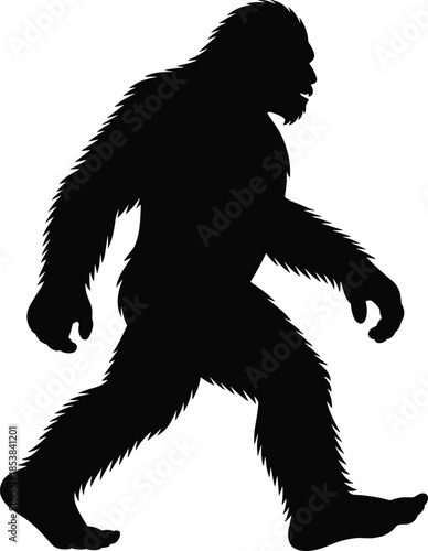 Bigfoot silhouette illustration, mythical creature icon, sasquatch walking pose, black vector design, isolated on white background, folklore legend concept