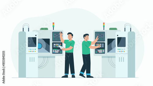 operators working at control panels on a modern production line