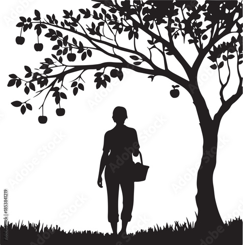 Woman with basket standing under fruit tree silhouette illustration