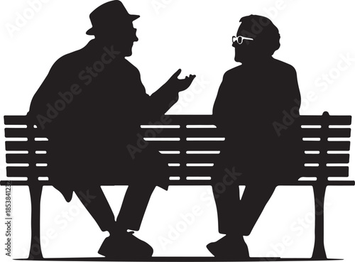 Black silhouette of elderly couple talking on a park bench