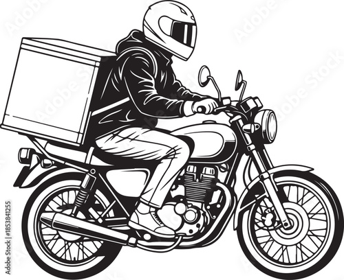 Delivery Rider on Motorcycle with Delivery Box Black and White Vector