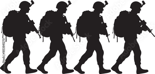 Silhouette of Four Soldiers Marching with Weapons and Backpacks Isolated on White