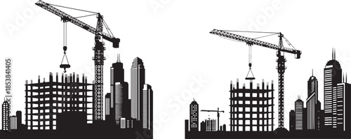 City building process black silhouette, construction cranes and skyscrapers