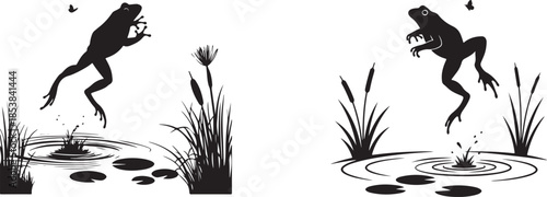 Two Black Frog Silhouettes Jumping out of Pond with Cattails and Lily Pads
