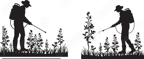 Agricultural Worker with Sprayer Backpack Silhouette Icon Set