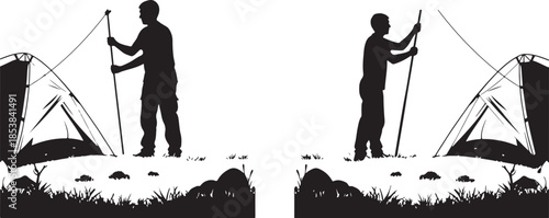 Black Silhouette of Man Setting Up Camping Tent Vector Illustration