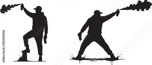 Vector Silhouette Set of Graffiti Artists with Spray Cans and Paint Splashes
